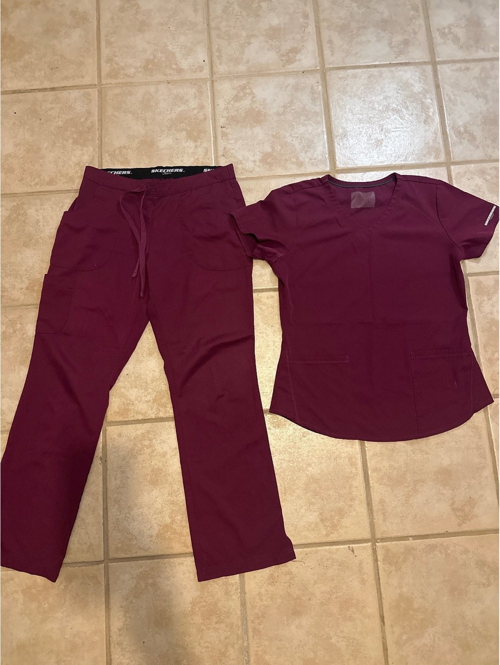 Skechers by Barco Women's Burgundy Scrub Set with Drawstring Pants and V-NeckTop